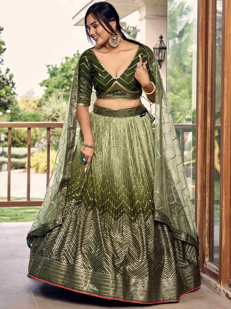 Wonderful Green Sequins Chinon Mehendi Wear Lehenga Choli