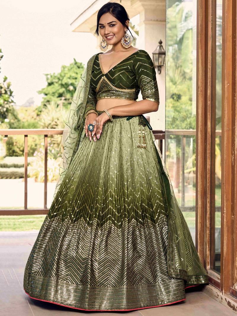 Wonderful Green Sequins Chinon Mehendi Wear Lehenga Choli
