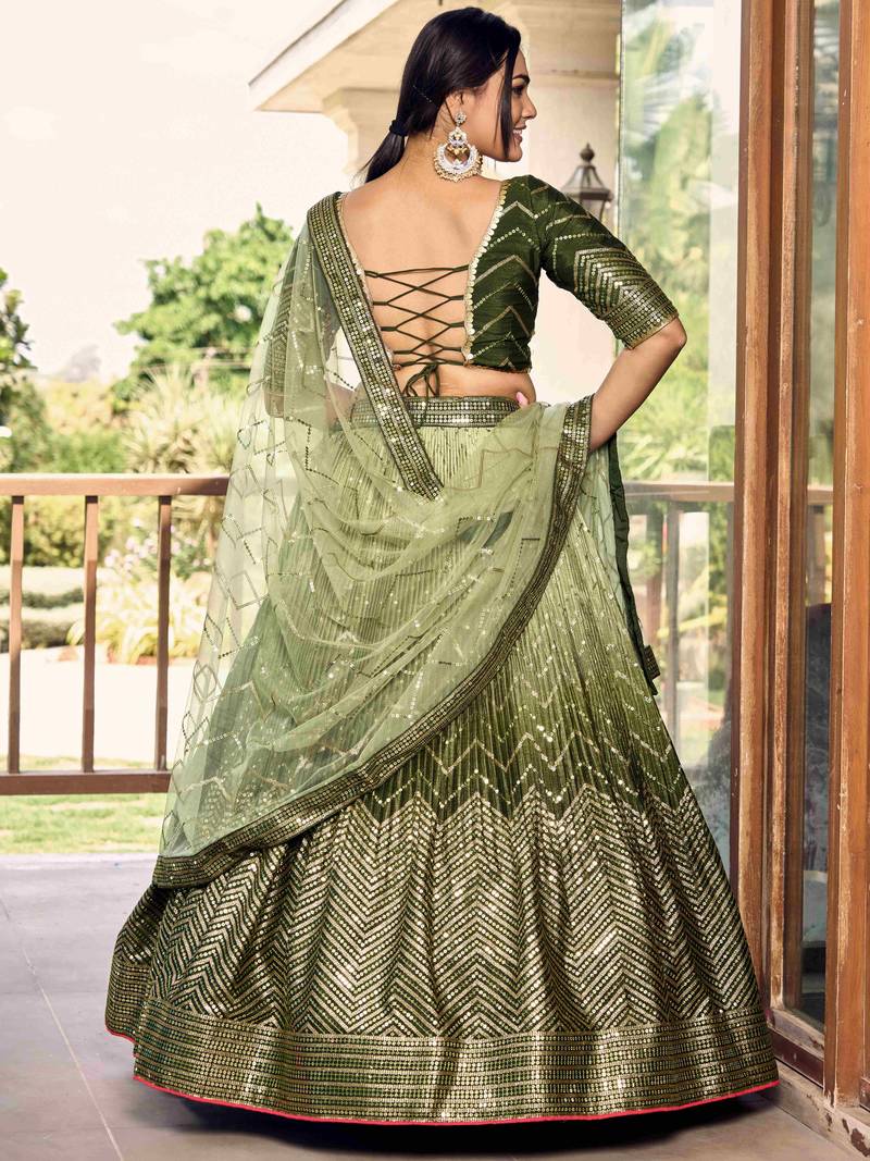 Wonderful Green Sequins Chinon Mehendi Wear Lehenga Choli