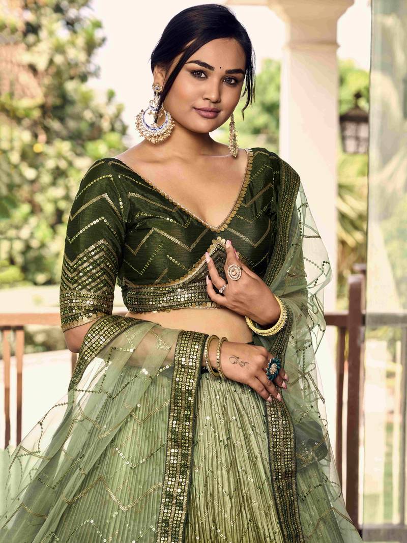 Wonderful Green Sequins Chinon Mehendi Wear Lehenga Choli