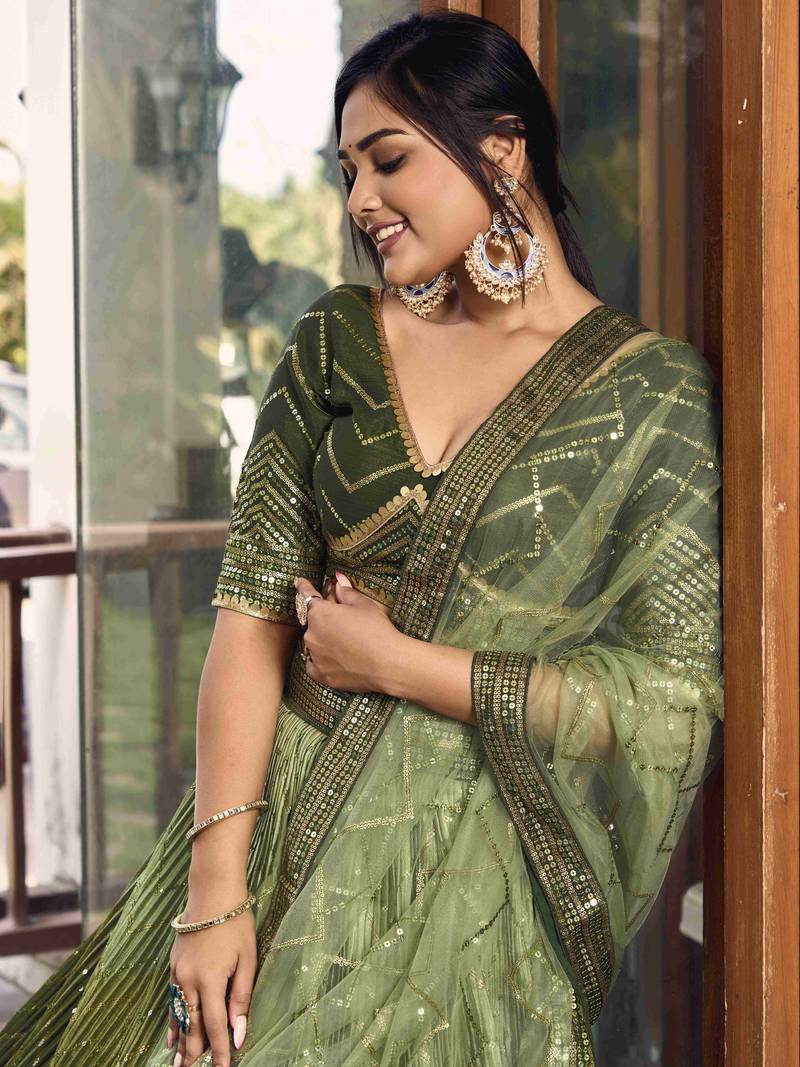 Wonderful Green Sequins Chinon Mehendi Wear Lehenga Choli