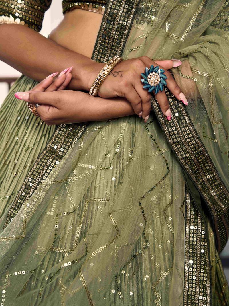 Wonderful Green Sequins Chinon Mehendi Wear Lehenga Choli