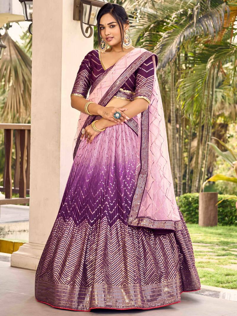 Fabulous Purple Sequins Chinon Traditional Lehenga Choli With Dupatta
