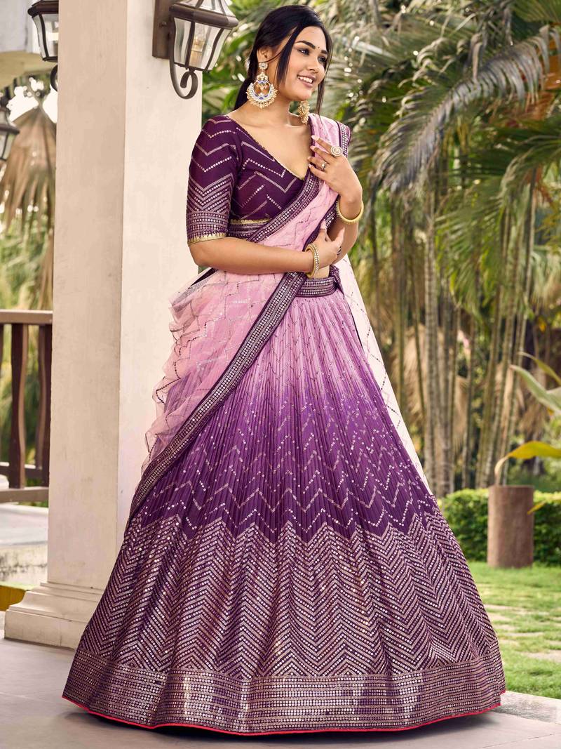 Fabulous Purple Sequins Chinon Traditional Lehenga Choli With Dupatta