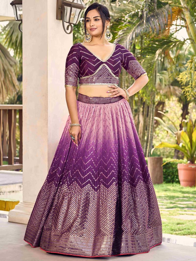 Fabulous Purple Sequins Chinon Traditional Lehenga Choli With Dupatta