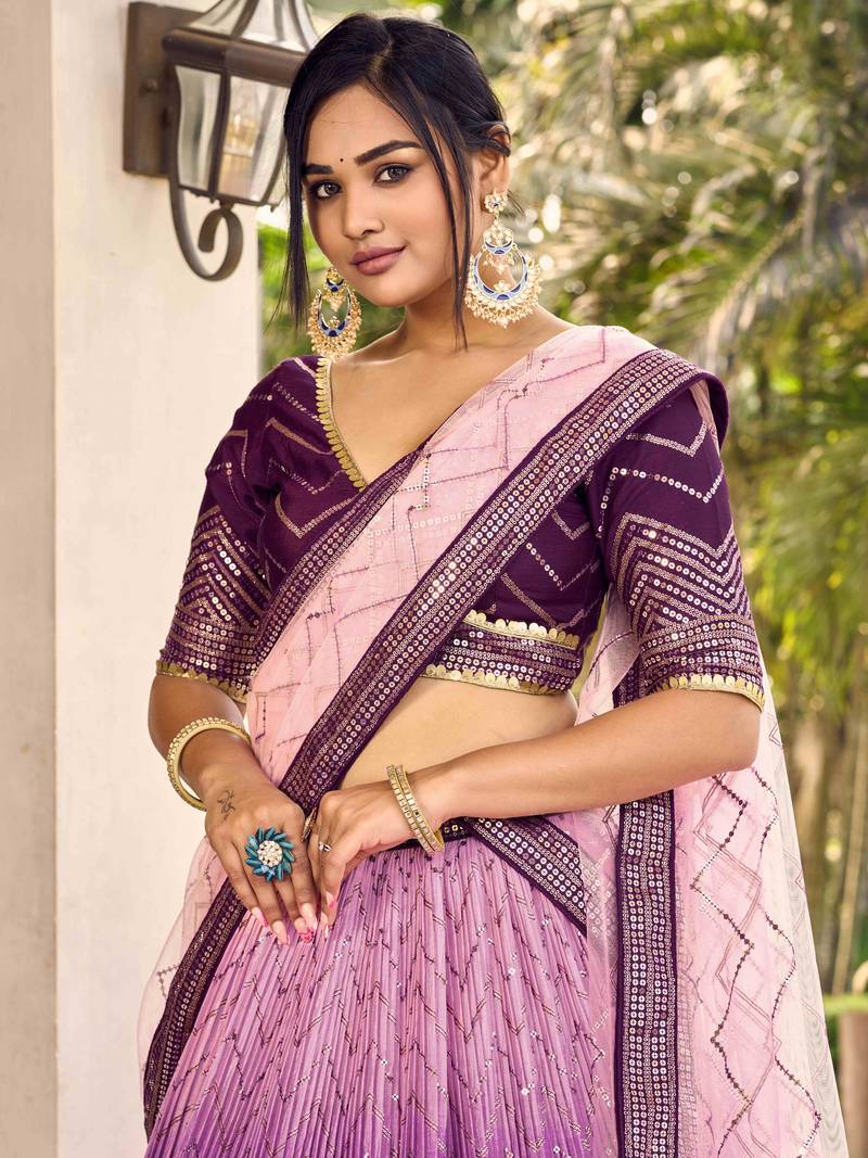 Fabulous Purple Sequins Chinon Traditional Lehenga Choli With Dupatta