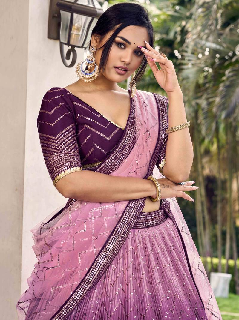Fabulous Purple Sequins Chinon Traditional Lehenga Choli With Dupatta