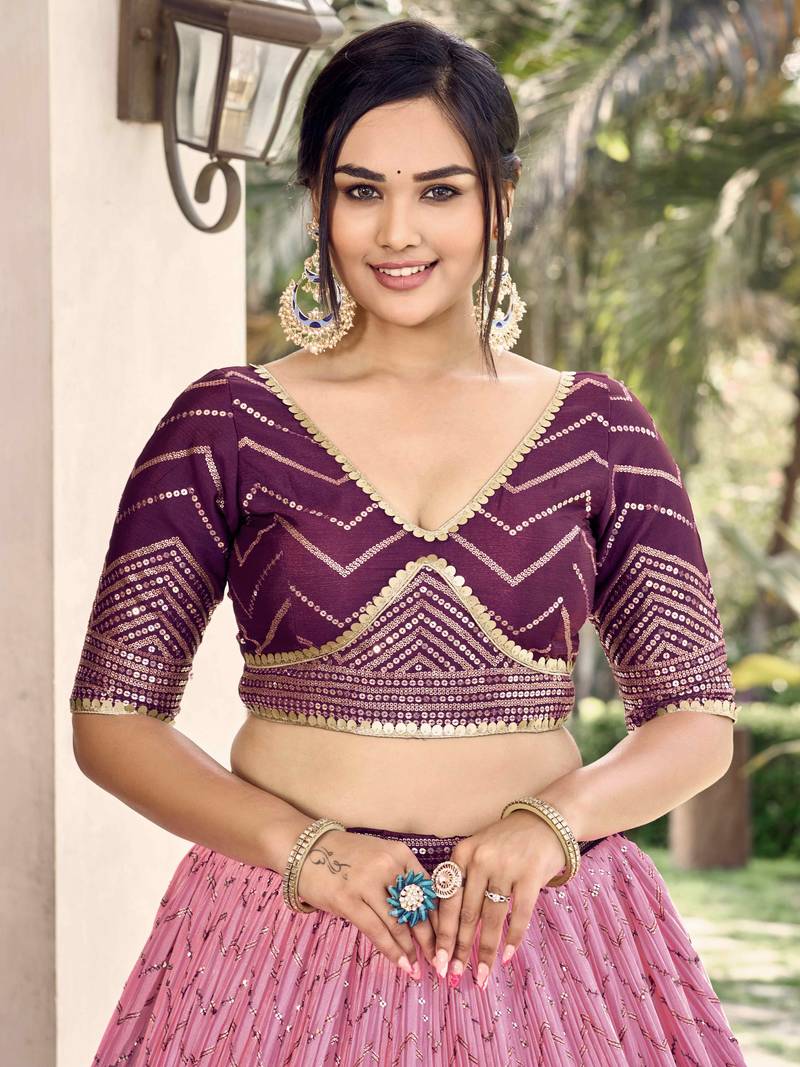 Fabulous Purple Sequins Chinon Traditional Lehenga Choli With Dupatta