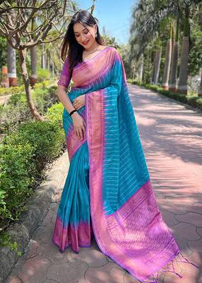 Sky Blue] Soft Silk Contrast Gold Zari Woven Saree 1