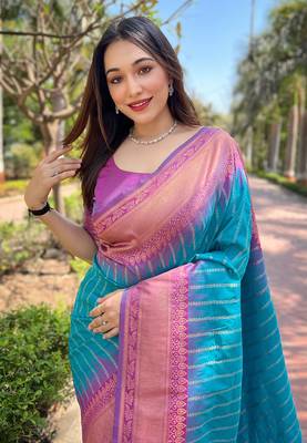 Sky Blue] Soft Silk Contrast Gold Zari Woven Saree 2