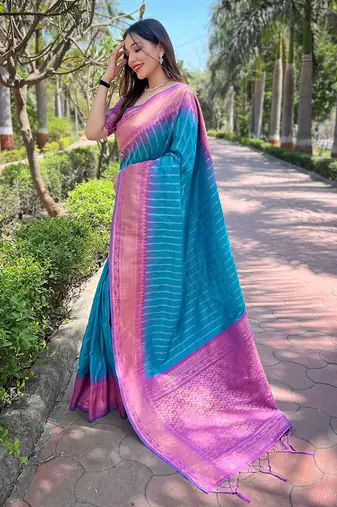 Sky Blue] Soft Silk Contrast Gold Zari Woven Saree
