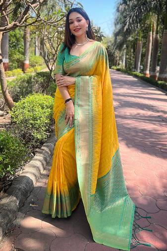 Yellow Soft Silk Contrast Gold Zari Woven Saree