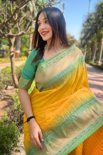 Yellow Soft Silk Contrast Gold Zari Woven Saree