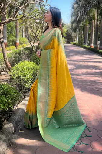 Yellow Soft Silk Contrast Gold Zari Woven Saree