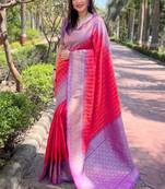Peach Soft Silk Contrast Gold Zari Woven Saree