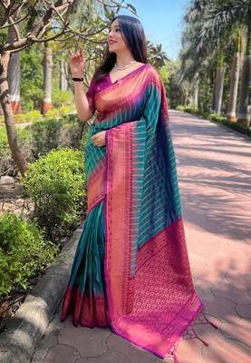 Bottle Green Soft Silk Contrast Gold Zari Woven Saree 1