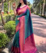 Bottle Green Soft Silk Contrast Gold Zari Woven Saree