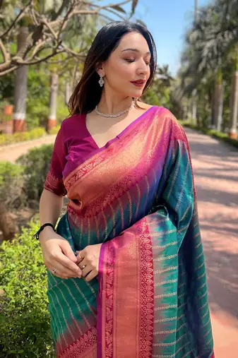 Bottle Green Soft Silk Contrast Gold Zari Woven Saree
