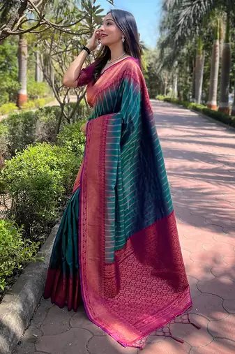 Bottle Green Soft Silk Contrast Gold Zari Woven Saree