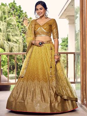 Incredible Yellow Sequins Chinon Haldi Wear Lehenga Choli With Dupatta 1