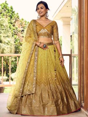 Incredible Yellow Sequins Chinon Haldi Wear Lehenga Choli With Dupatta 2