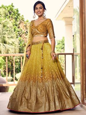 Incredible Yellow Sequins Chinon Haldi Wear Lehenga Choli With Dupatta 4