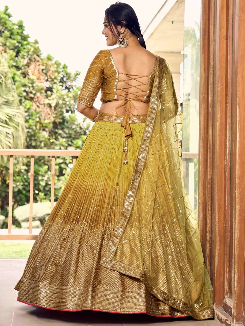 Incredible Yellow Sequins Chinon Haldi Wear Lehenga Choli With Dupatta