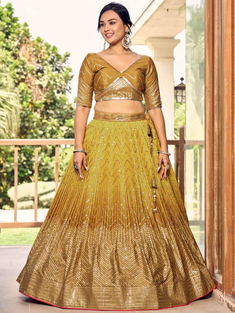 Incredible Yellow Sequins Chinon Haldi Wear Lehenga Choli With Dupatta
