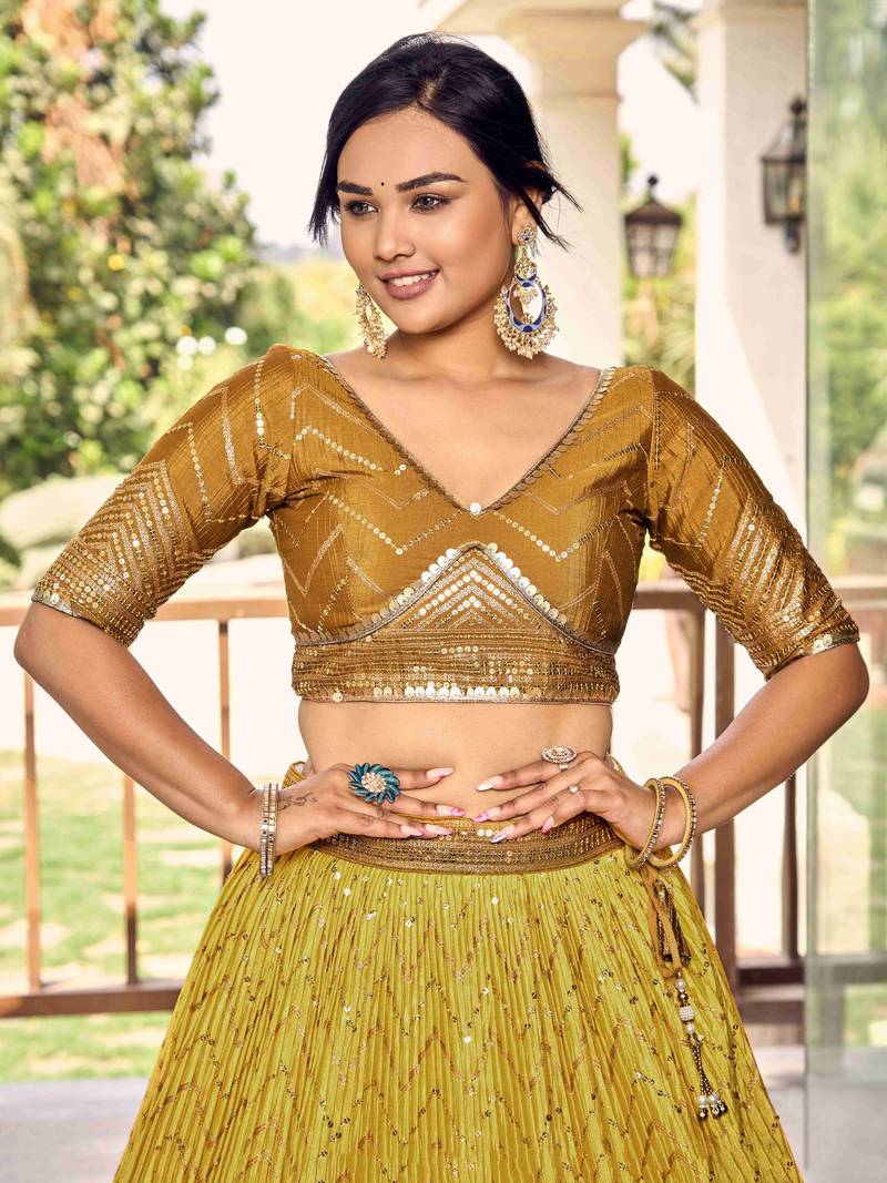 Incredible Yellow Sequins Chinon Haldi Wear Lehenga Choli With Dupatta