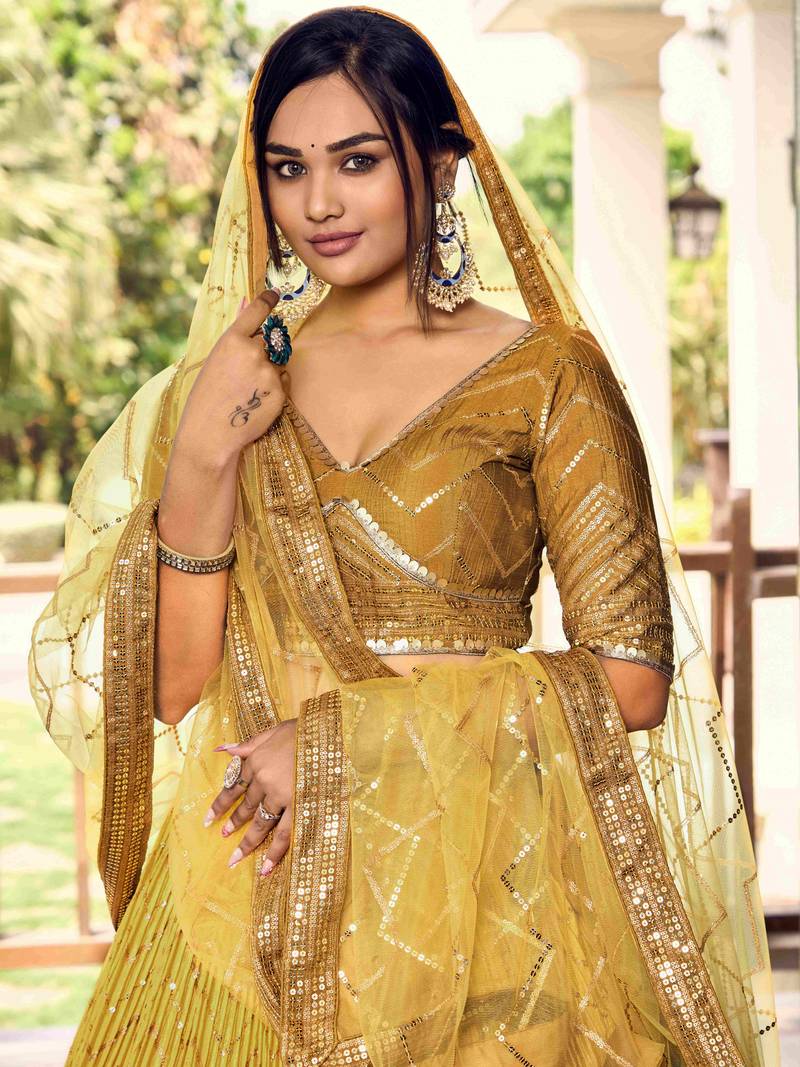 Incredible Yellow Sequins Chinon Haldi Wear Lehenga Choli With Dupatta