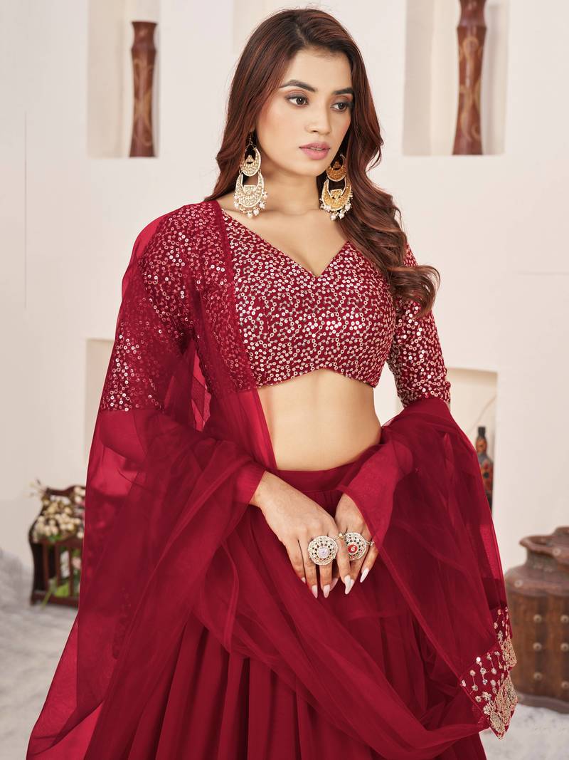 Girls Maroon Poly Georgette Embroidered Sequinned Choli Ready To Wear Lehenga