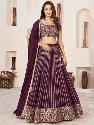  wine sequins georgette lehenga set choli with dupatta 1