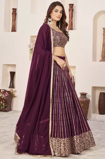  wine sequins georgette lehenga set choli with dupatta