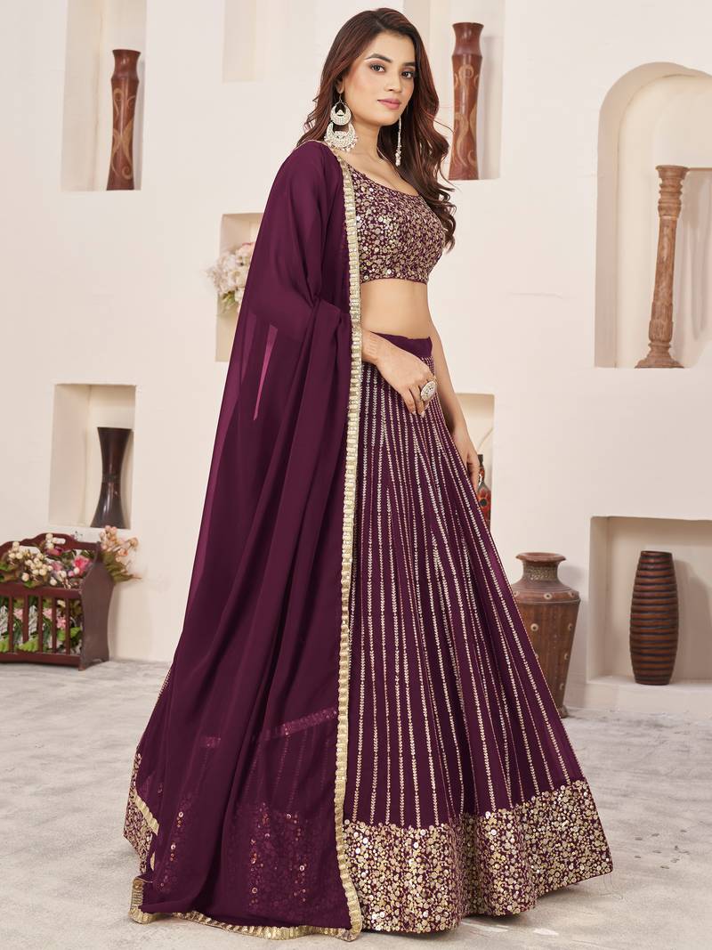 Fabulous Wine Sequins Georgette Reception Wear Lehenga Choli