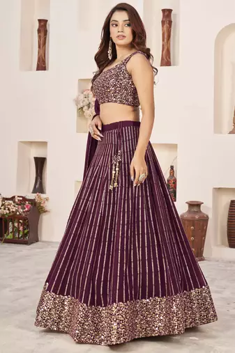  wine sequins georgette lehenga set choli with dupatta