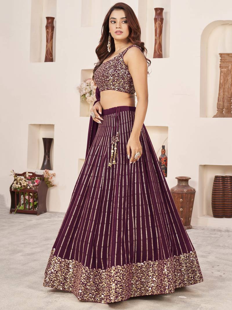 Fabulous Wine Sequins Georgette Reception Wear Lehenga Choli