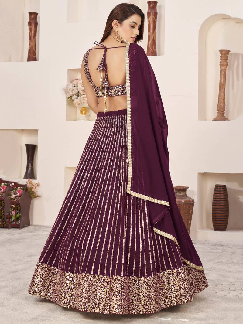 Fabulous Wine Sequins Georgette Reception Wear Lehenga Choli