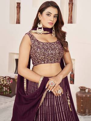  wine sequins georgette lehenga set choli with dupatta 5