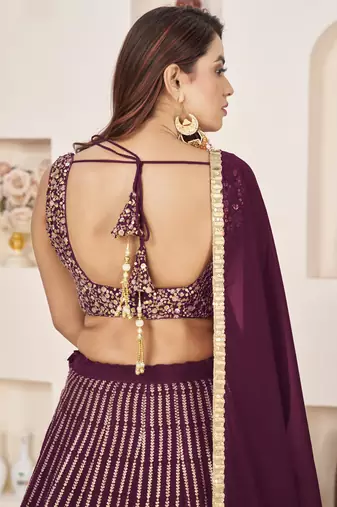  wine sequins georgette lehenga set choli with dupatta