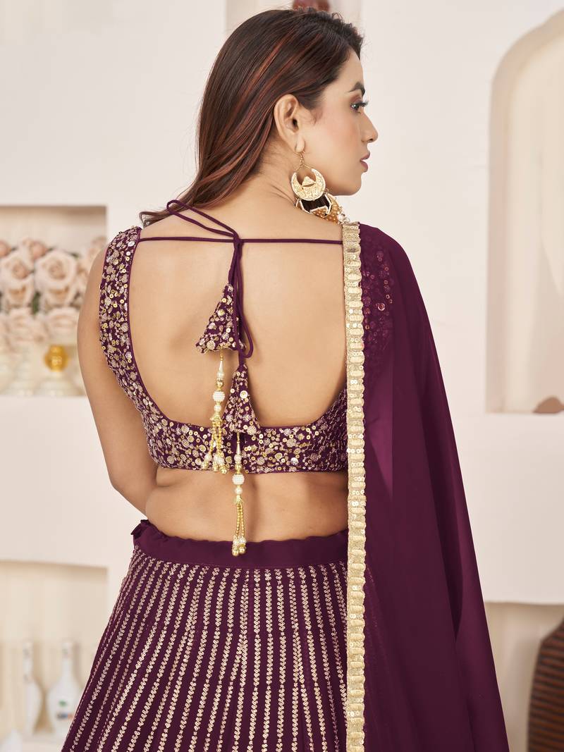 Fabulous Wine Sequins Georgette Reception Wear Lehenga Choli