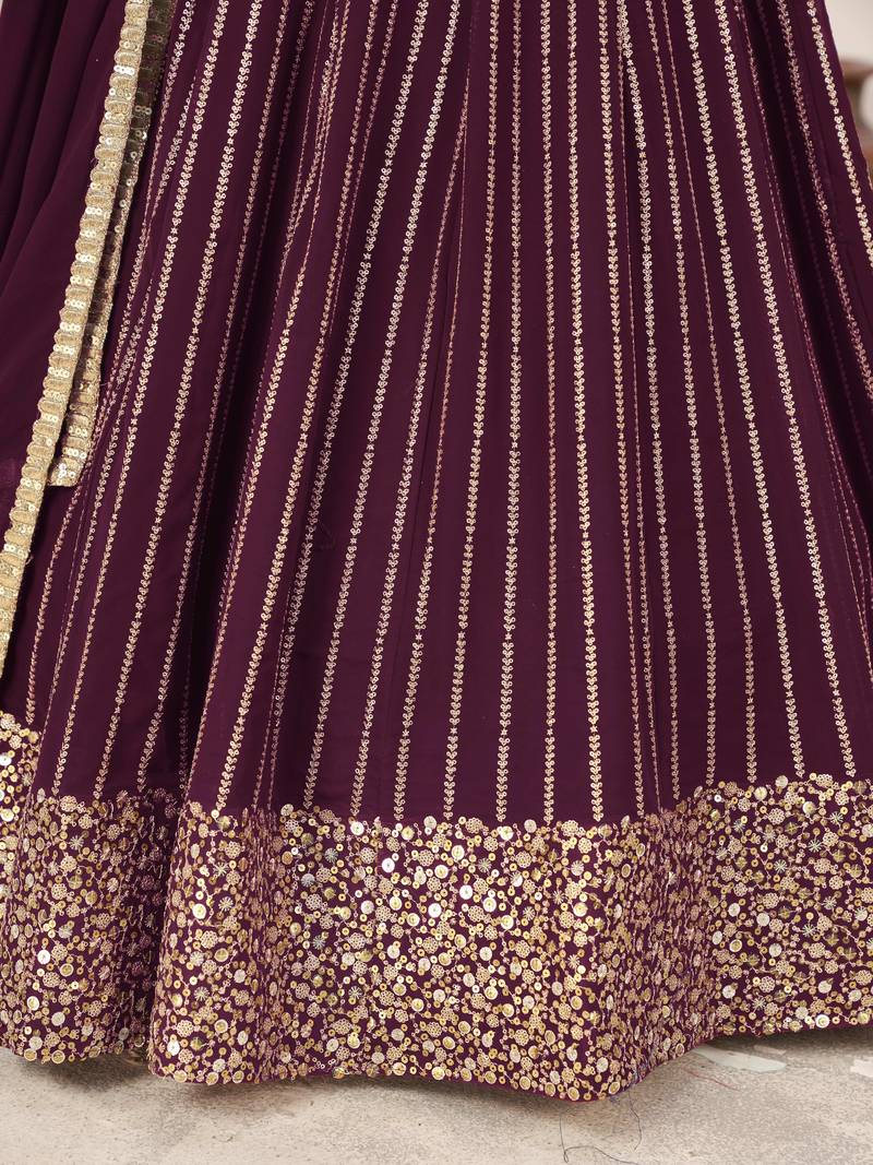 Fabulous Wine Sequins Georgette Reception Wear Lehenga Choli