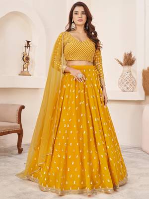 beauteous yellow thread work georgette lehenga set choli with dupatta with dupatta 1