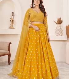 beauteous yellow thread work georgette lehenga set choli with dupatta with dupatta