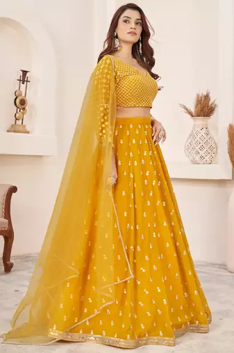 beauteous yellow thread work georgette lehenga set choli with dupatta with dupatta