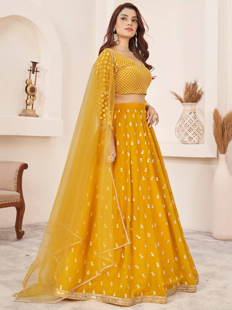 Beauteous Yellow Thread Work Georgette Lehenga Choli With Dupatta