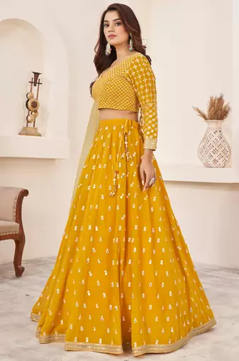beauteous yellow thread work georgette lehenga set choli with dupatta with dupatta