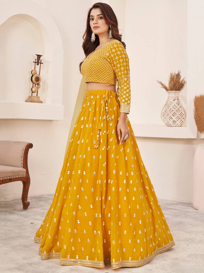 Beauteous Yellow Thread Work Georgette Lehenga Choli With Dupatta