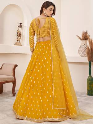 beauteous yellow thread work georgette lehenga set choli with dupatta with dupatta 4