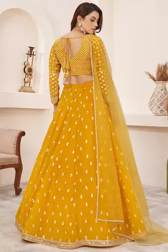 beauteous yellow thread work georgette lehenga set choli with dupatta with dupatta