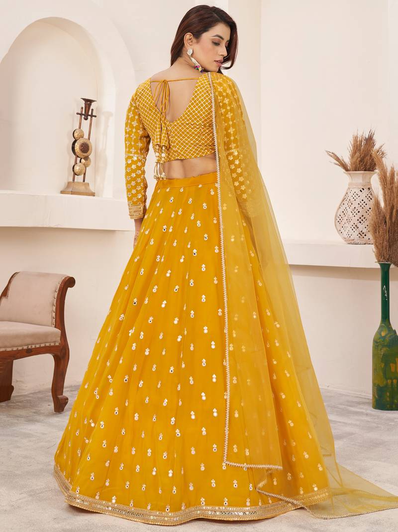Beauteous Yellow Thread Work Georgette Lehenga Choli With Dupatta